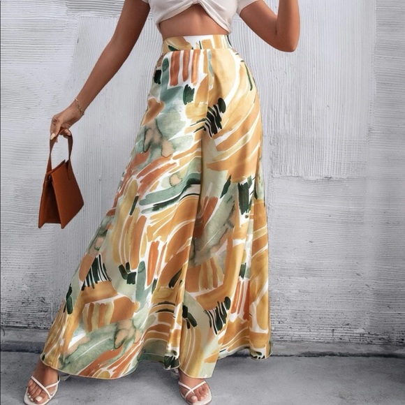 Boho High Waist Rise Water Color Wide Leg Palazzo Pants - Picture 3 of 8